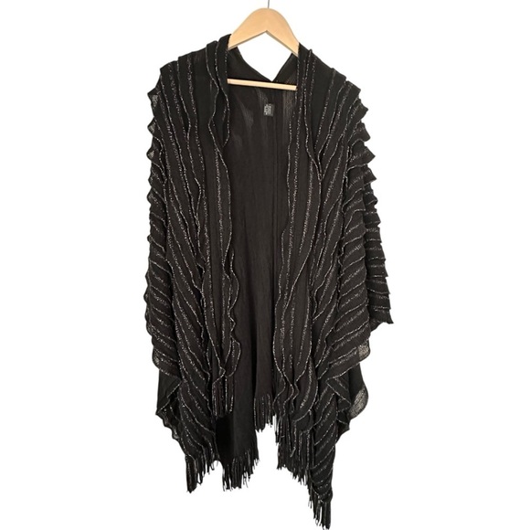Women's Black and Silver Ruffle and Fringe Poncho - Picture 1 of 6